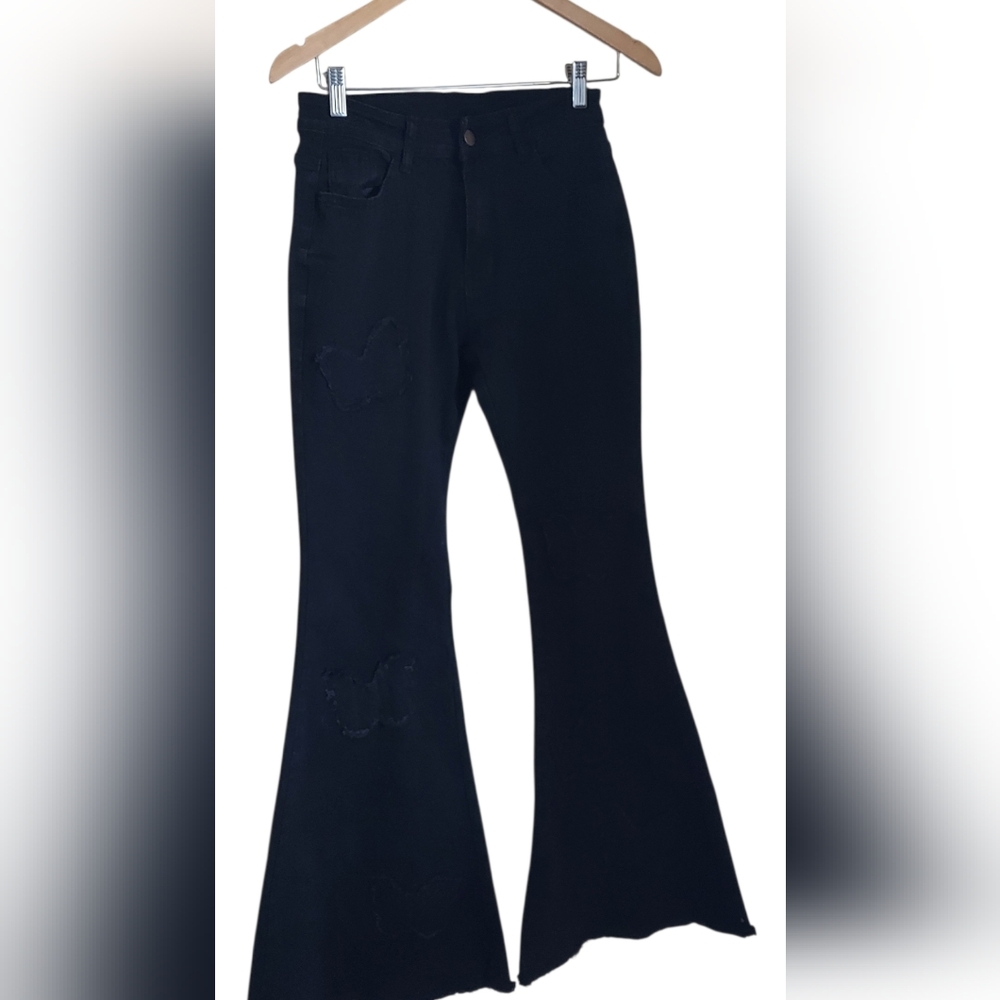 Women's Black Stretch Flared Distressed Butterfly Design Jeans